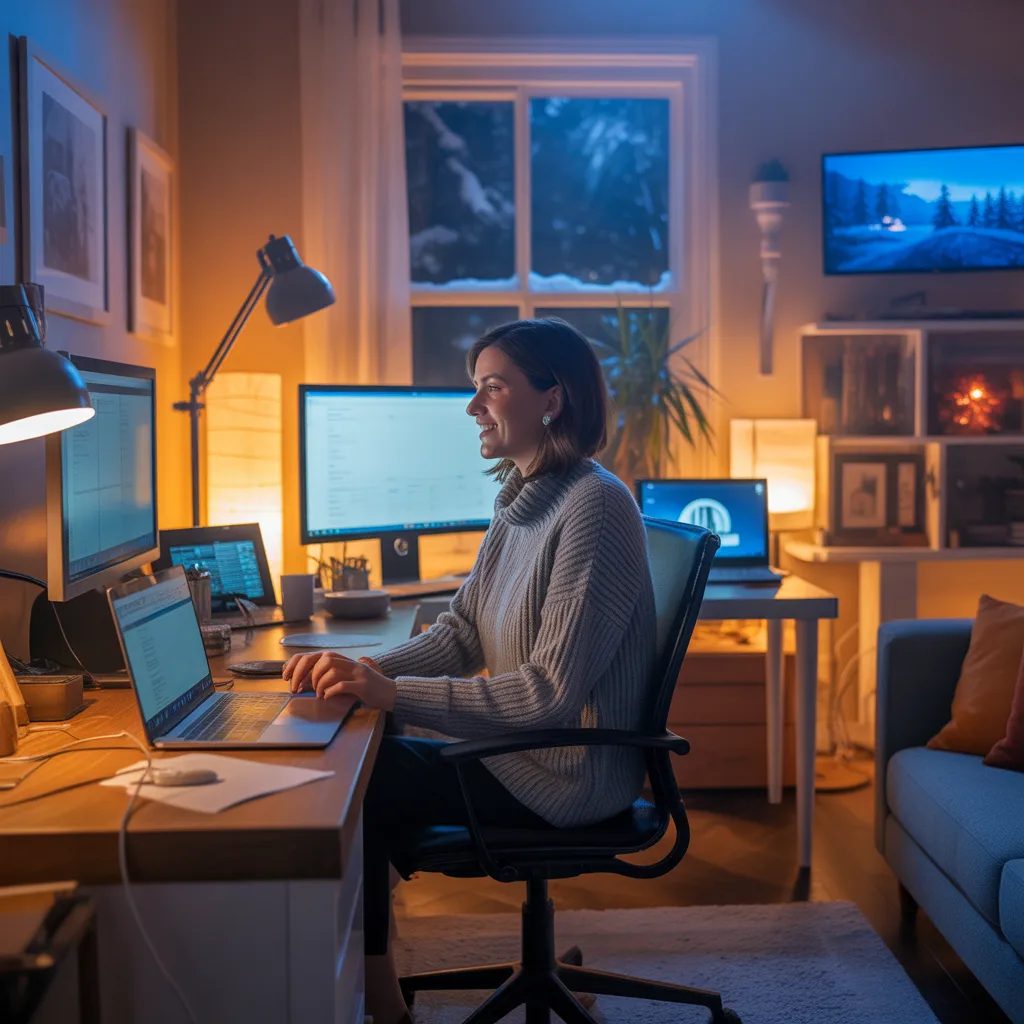 Woman working from her warm, cosy home office on a snowy evening