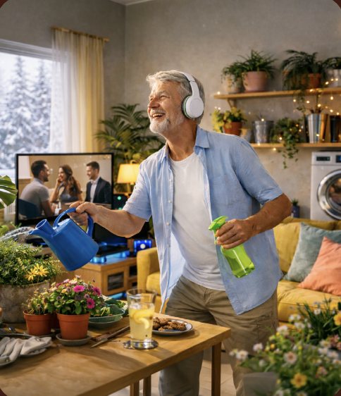 Man watering plants while listening to music