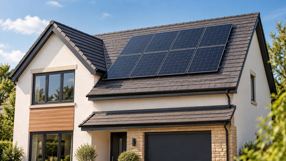 Modern home with 8 solar panels on the roof