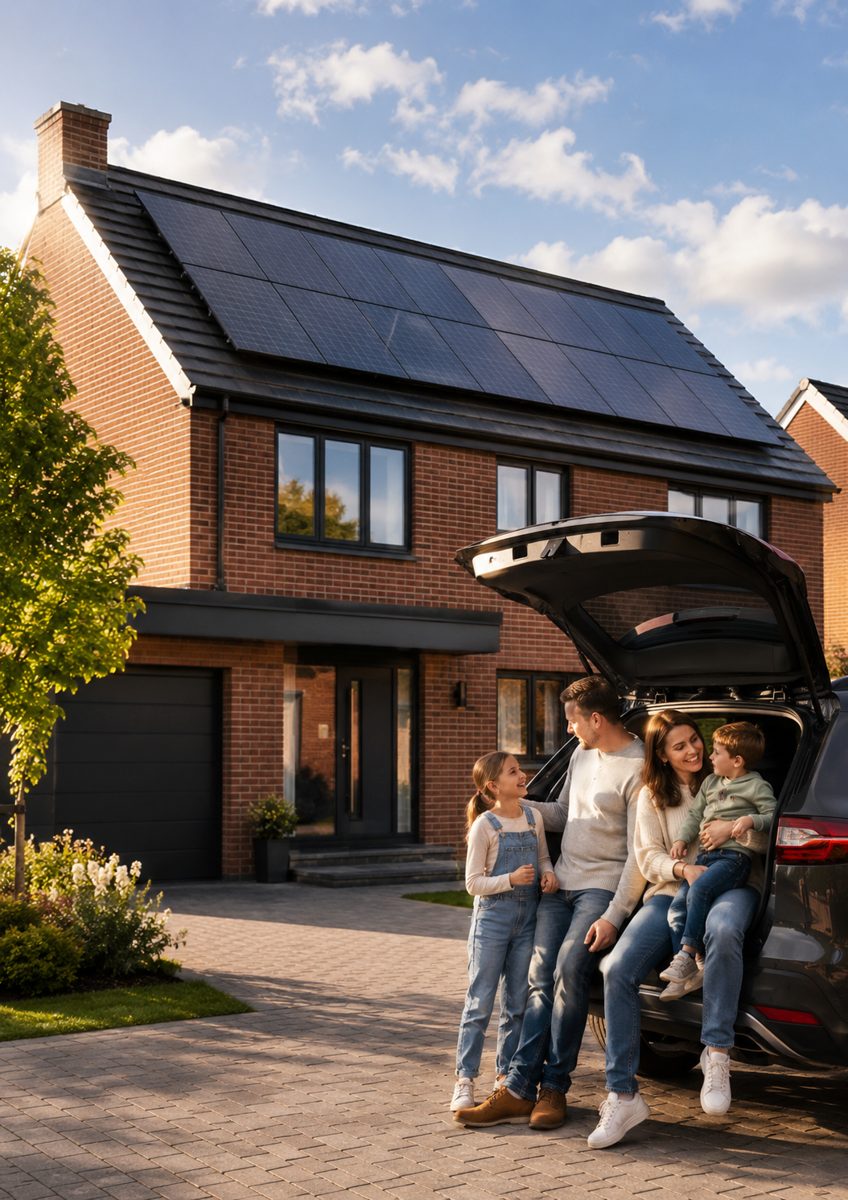 Family relaxing on their driveway outside a brick home with a full roof of solar panels